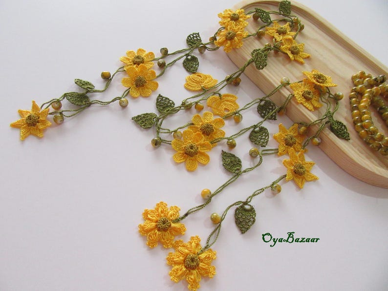Gelbe Blumen Lange Wickelkette, Perlen Häkelkette, Türkische Oya Spitze Lariat, Häkelschmuck
