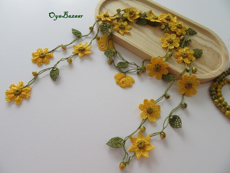 Gelbe Blumen Lange Wickelkette, Perlen Häkelkette, Türkische Oya Spitze Lariat, Häkelschmuck