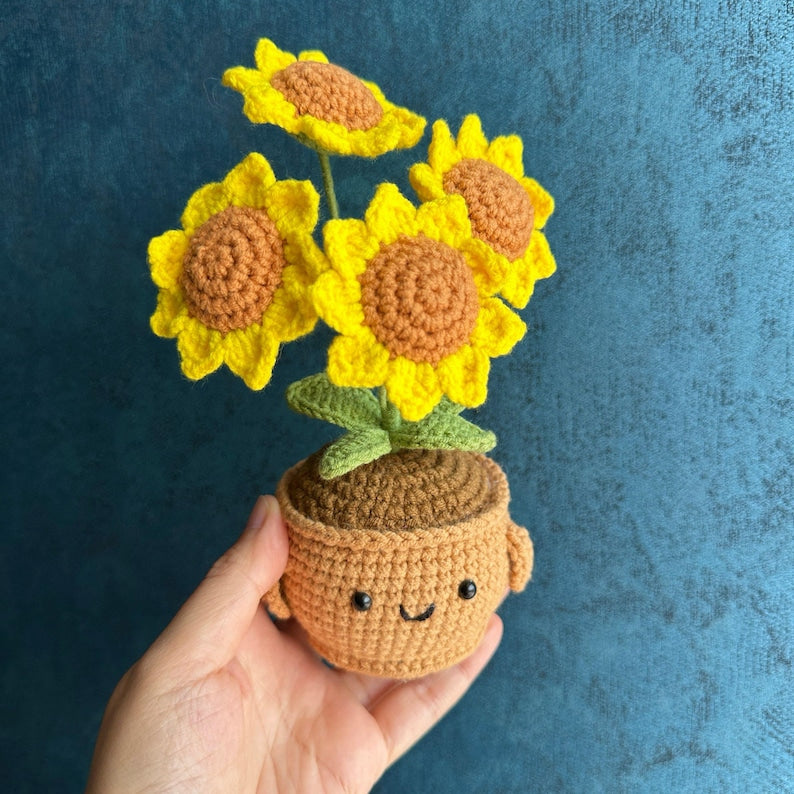Gehäkelter Sonnenblumentopf, handgemachte Pflanzengeschenk Blume für Weihnachten, Mutter, Oma, Kollegen, Geburtstag, Dankeschön