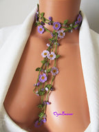 Vergissmeinnicht Micro Häkelschmuck Blume Halskette, Blauquarz Perlen Lariat, Floral lange Wickelkette