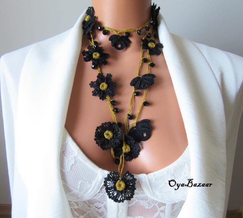 Lariat Häkelkette, Häkelkette, Lariat Blumenmuster, Türkischer Oya Schmuck