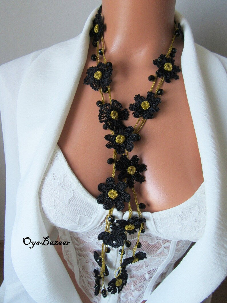 Lariat Häkelkette, Häkelkette, Lariat Blumenmuster, Türkischer Oya Schmuck