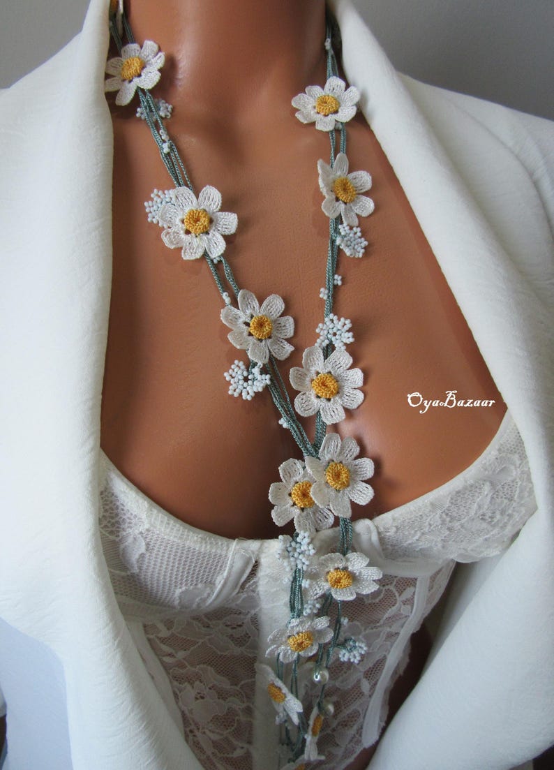 Daisy häkeln lange Halskette, Türkisch Oya Lace Schmuck, Frühlingsstil