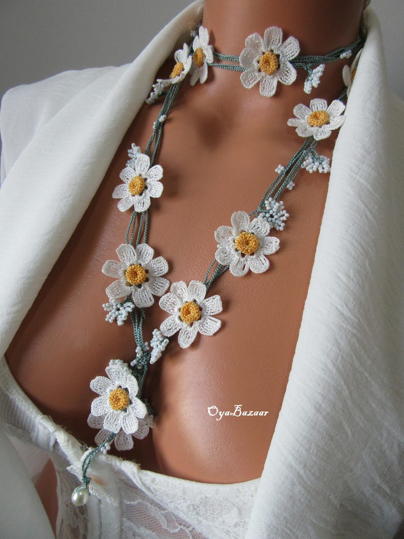 Daisy häkeln lange Halskette, Türkisch Oya Lace Schmuck, Frühlingsstil