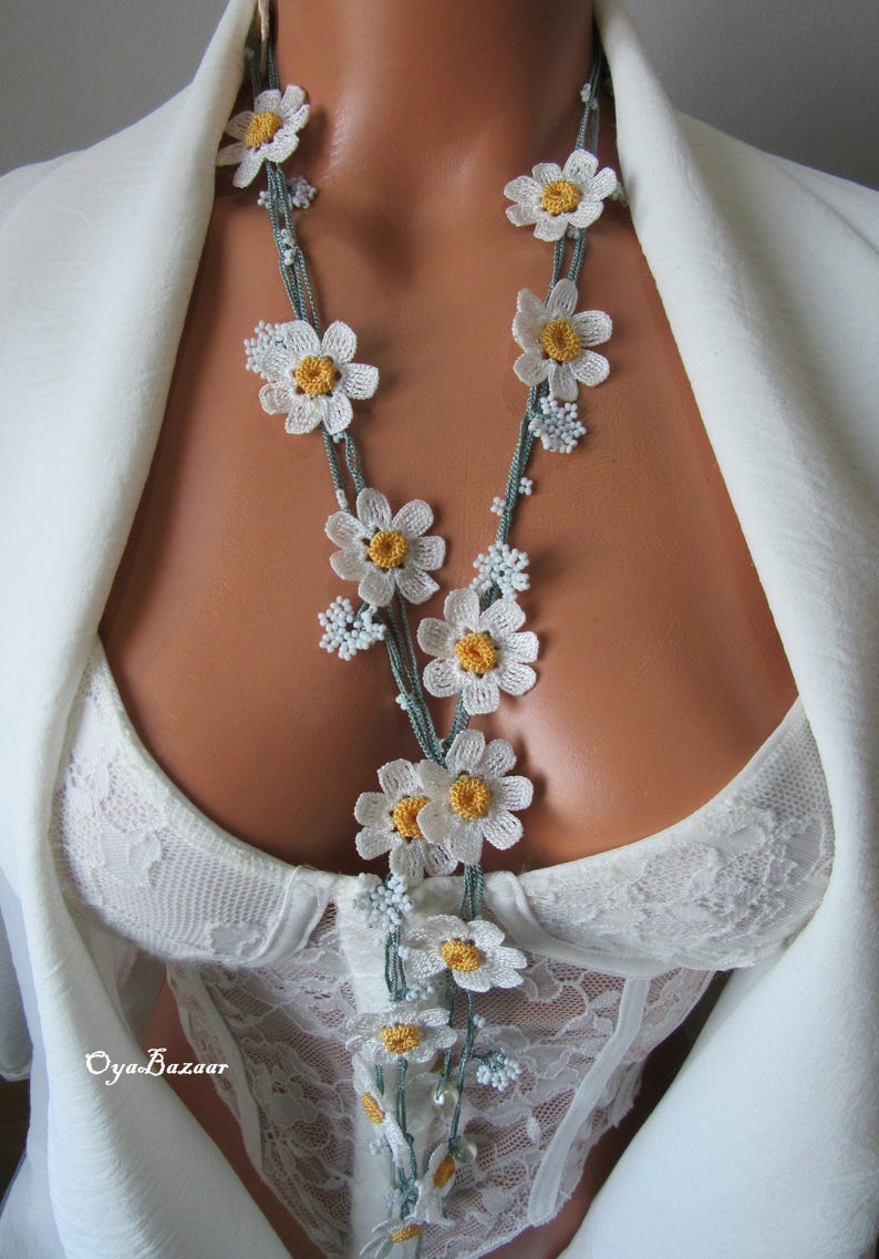 Daisy häkeln lange Halskette, Türkisch Oya Lace Schmuck, Frühlingsstil