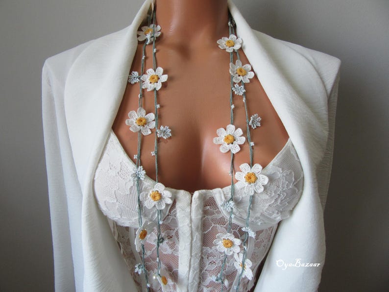 Daisy häkeln lange Halskette, Türkisch Oya Lace Schmuck, Frühlingsstil