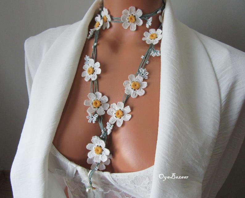 Daisy häkeln lange Halskette, Türkisch Oya Lace Schmuck, Frühlingsstil