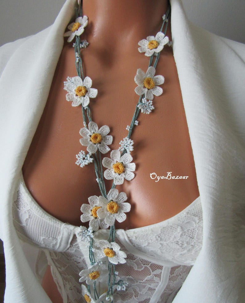 Daisy häkeln lange Halskette, Türkisch Oya Lace Schmuck, Frühlingsstil
