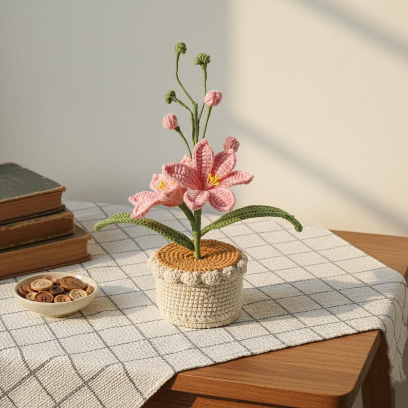 Gehäkelte Orchidee im Topf, künstliche Topfpflanze, 21 cm, Schreibtischdekoration, immerblühend, handgefertigt aus Baumwollgarn