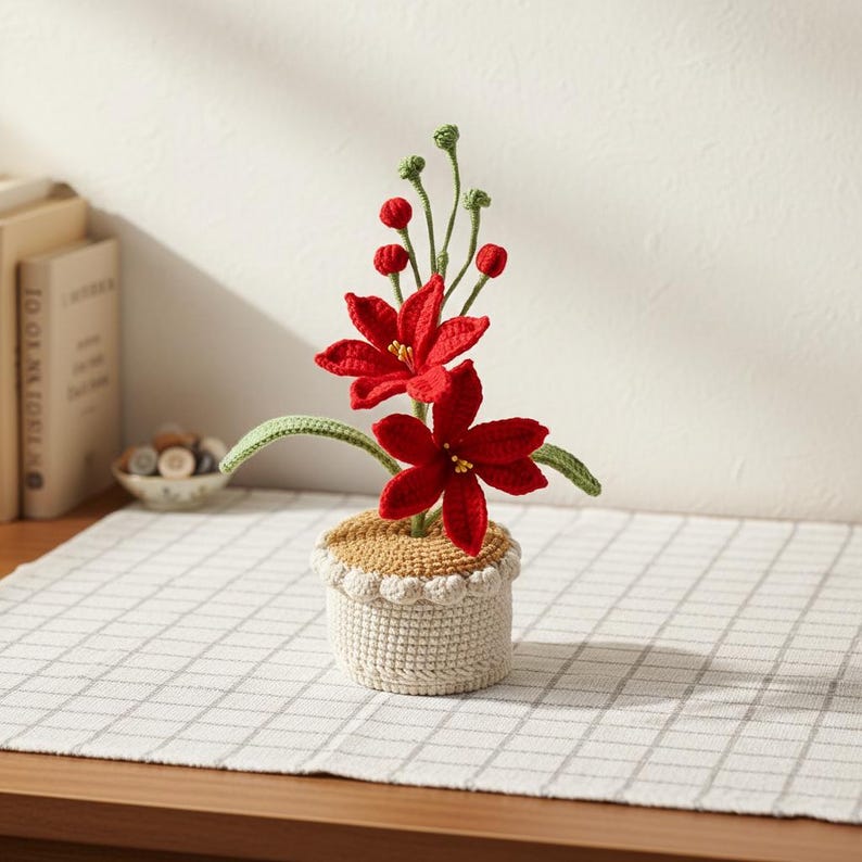 Gehäkelte Orchidee im Topf, künstliche Topfpflanze, 21 cm, Schreibtischdekoration, immerblühend, handgefertigt aus Baumwollgarn