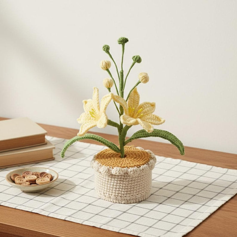 Gehäkelte Orchidee im Topf, künstliche Topfpflanze, 21 cm, Schreibtischdekoration, immerblühend, handgefertigt aus Baumwollgarn