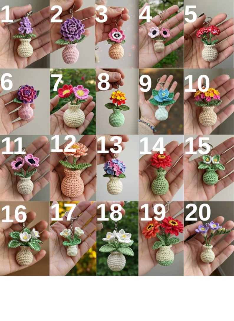 Mini Häkelblume Schlüsselanhänger, handgemachte Amigurumi Blume mit Vase, 6-7 cm, Baumwollgarn
