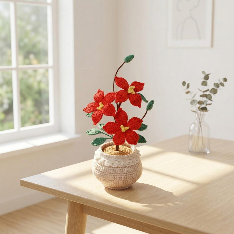 Gehäkelte Orchidee im Topf, handgefertigte Topfpflanze, Dekoration für Zuhause und Schreibtisch, Geburtstagsgeschenk, Muttertagsgeschenk