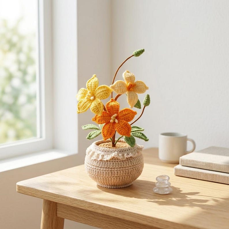 Gehäkelte Orchidee im Topf, handgefertigte Topfpflanze, Dekoration für Zuhause und Schreibtisch, Geburtstagsgeschenk, Muttertagsgeschenk