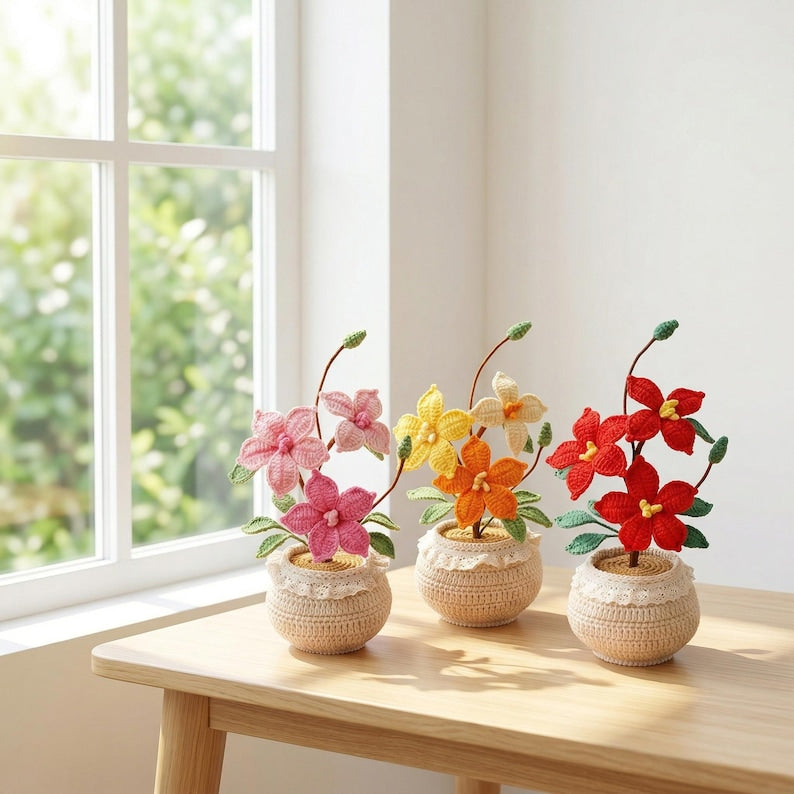 Gehäkelte Orchidee im Topf, handgefertigte Topfpflanze, Dekoration für Zuhause und Schreibtisch, Geburtstagsgeschenk, Muttertagsgeschenk