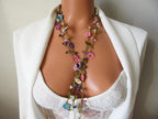 Bunte Micro Blume Häkelkette, Amethyst, Koralle, Rosa Blau Quarz, Howlith Perlen Lange Wrap Lariat Schmuck