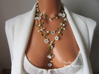 Weiße Micro Blume Cochet Halskette, Howlite Perlen Lange Wrap Lariat, Häkelschmuck