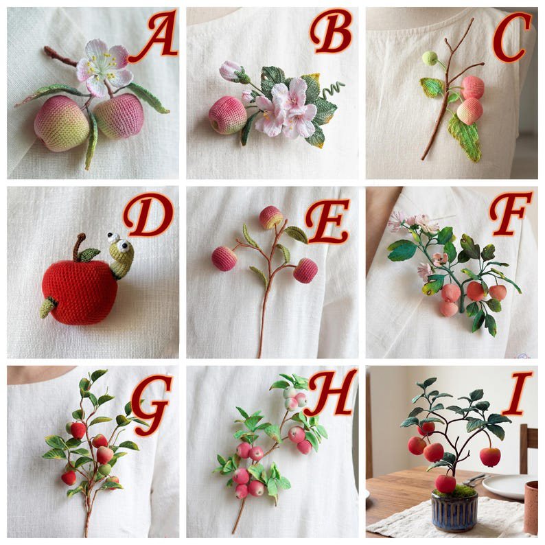 Art-Deco Apfel Blume Brosche, Miniatur Häkelblumen Anstecker für Frauen