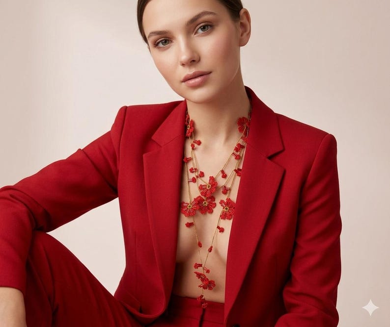 Rote türkische Oya Halskette, Häkelblume Lange Lariat, Floral Perlen Wrap Halskette, Spitze Schmuck