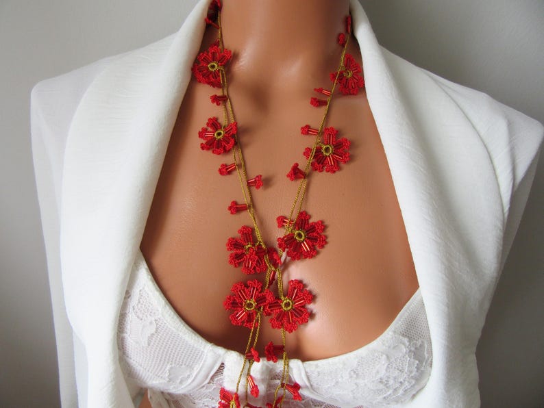 Rote Blume Häkelkette, Türkisch Oya Spitze Schmuck, Floral Lange Wrap Perlen Lariat