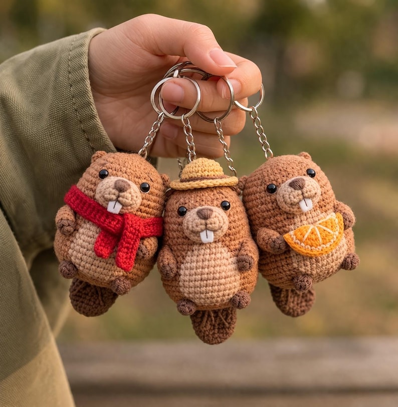 Gehäkelter Biber Schlüsselanhänger, Amigurumi Biber Anhänger, Handgemachter Tier Schlüsselanhänger, Kawaii Waldplüsch Anhänger