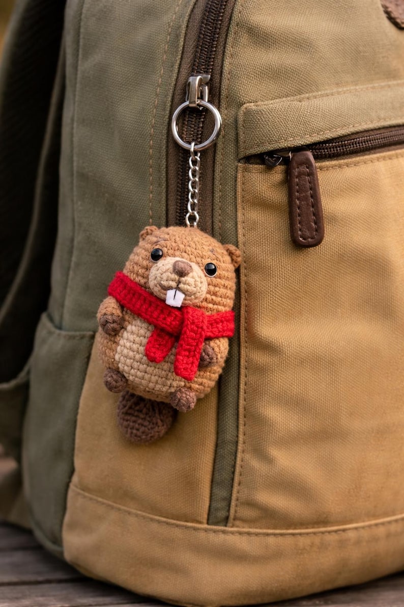 Gehäkelter Biber Schlüsselanhänger, Amigurumi Biber Anhänger, Handgemachter Tier Schlüsselanhänger, Kawaii Waldplüsch Anhänger