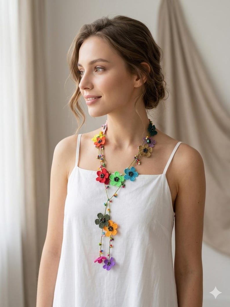 Handgemachte Häkelkette Lariat, Türkische Oya Spitze Schmuck, Boho Multicolor Lange Wickelkette