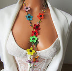 Handgemachte Häkelkette Lariat, Türkische Oya Spitze Schmuck, Boho Multicolor Lange Wickelkette