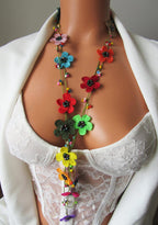 Handgemachte Häkelkette Lariat, Türkische Oya Spitze Schmuck, Boho Multicolor Lange Wickelkette