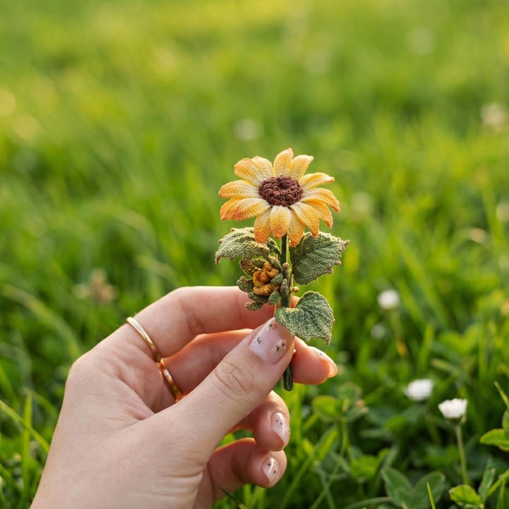 Mikro Häkeln Sonnenblume Brosche, Cottagecore Blume Pin, Vintage-Stil Blumenbrosche