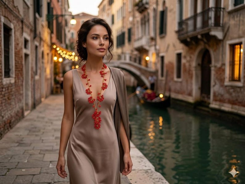 Rote türkische Oya Halskette, Häkelblume Lange Lariat, Floral Perlen Wrap Halskette, Spitze Schmuck
