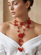 Rote Blume Häkelkette, Türkisch Oya Spitze Schmuck, Floral Lange Wrap Perlen Lariat