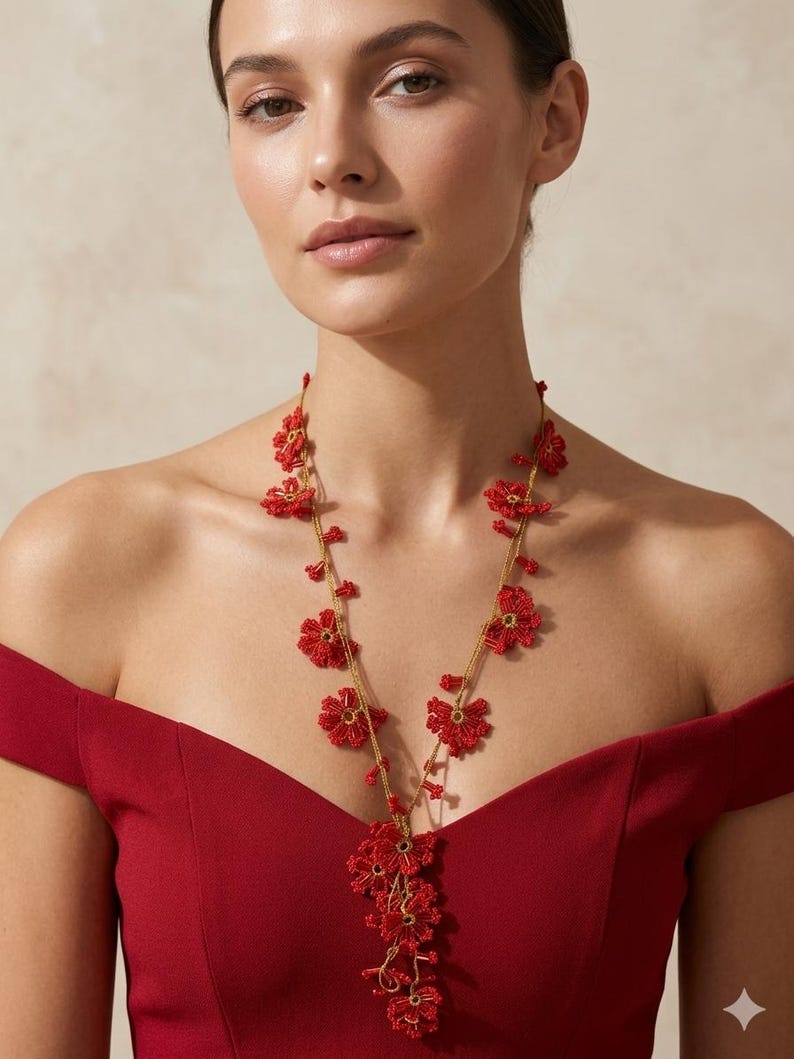 Rote Blume Häkelkette, Türkisch Oya Spitze Schmuck, Floral Lange Wrap Perlen Lariat