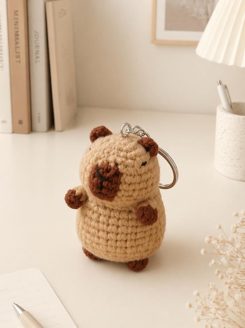 Gehäkelter Capybara Schlüsselanhänger – Amigurumi Tier Anhänger mit Schildkröte, Küken, Ananas Tasche