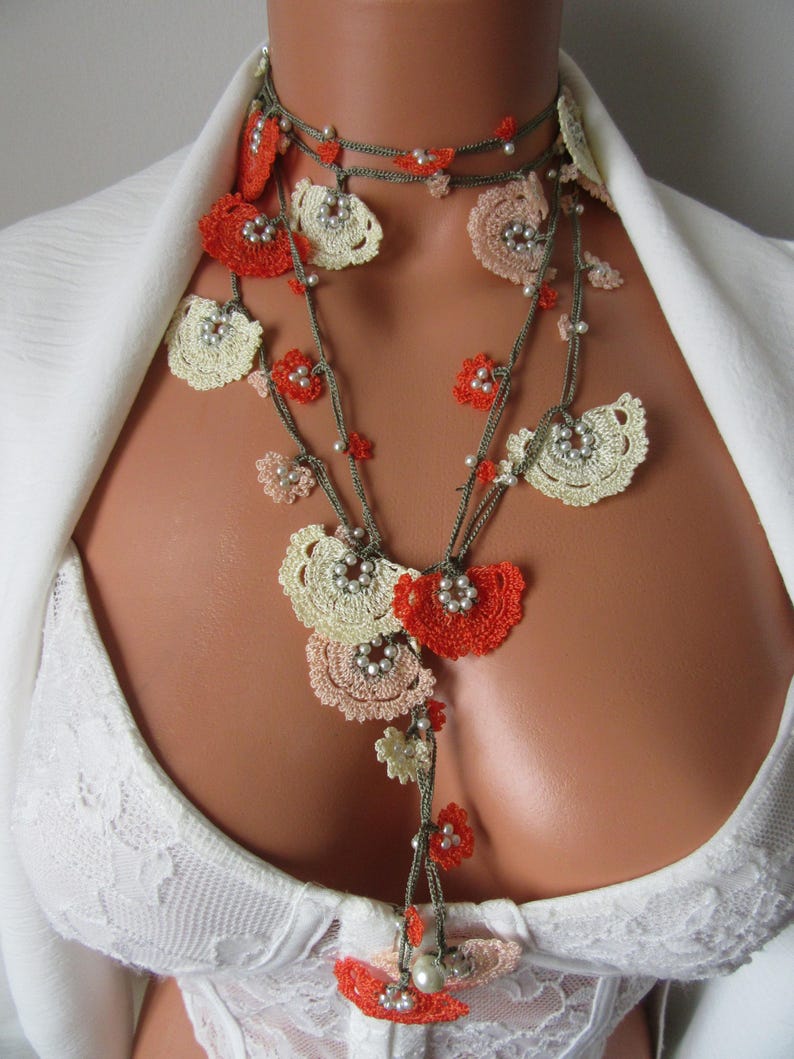 Türkische Oya Blumen Sommer Halskette, Perlen Lange Lariat, Häkelschmuck