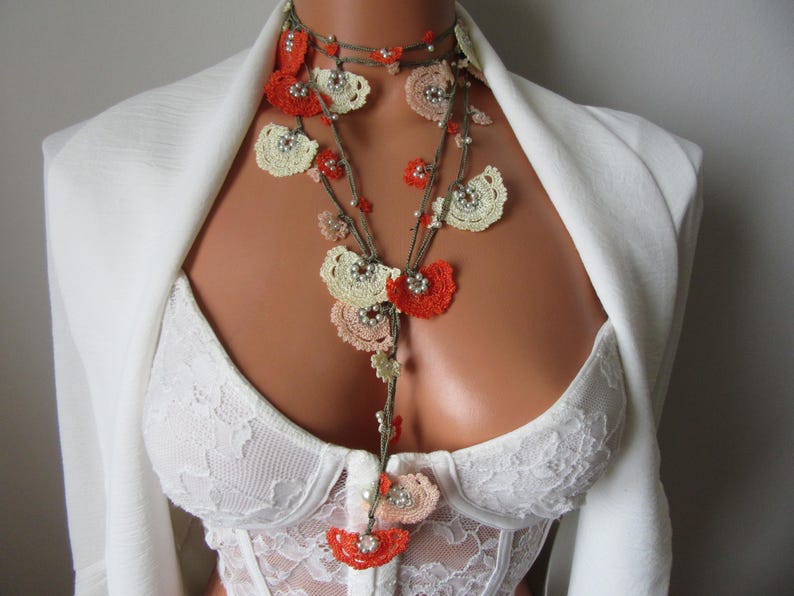 Türkische Oya Blumen Sommer Halskette, Perlen Lange Lariat, Häkelschmuck
