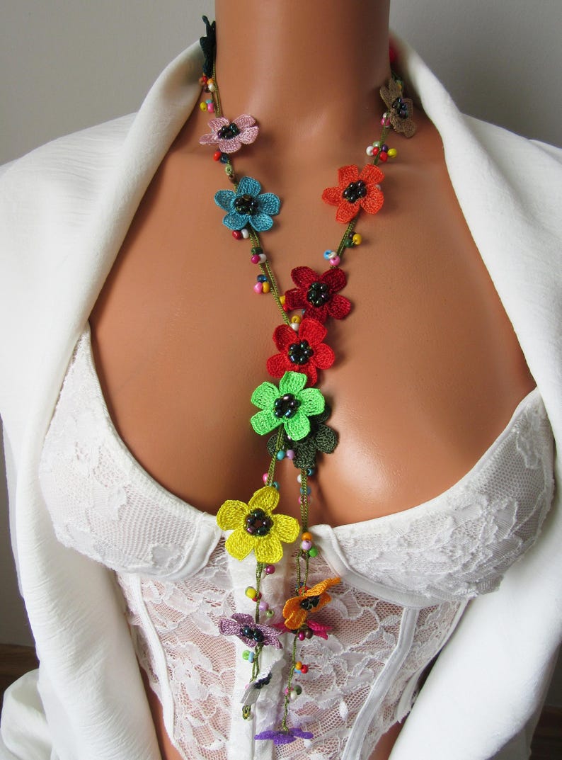 Colorful Boho Friendship Necklace, Crochet Flower Friend Necklace, Beaded Summer Long Wrap Lariat