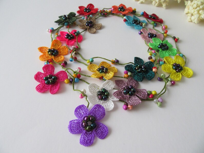 Colorful Boho Friendship Necklace, Crochet Flower Friend Necklace, Beaded Summer Long Wrap Lariat