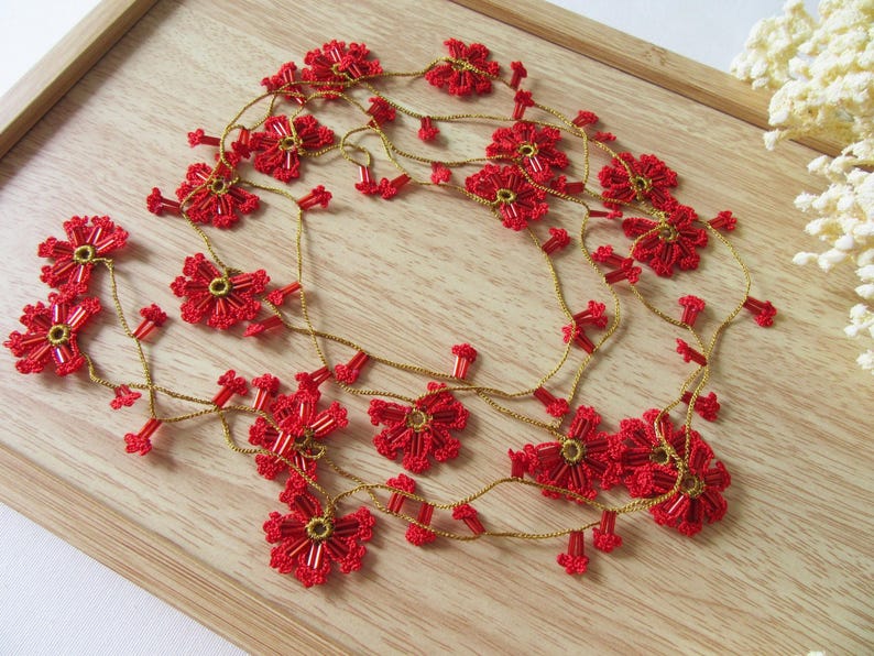 Rote Blume Häkelkette, Türkisch Oya Spitze Schmuck, Floral Lange Wrap Perlen Lariat
