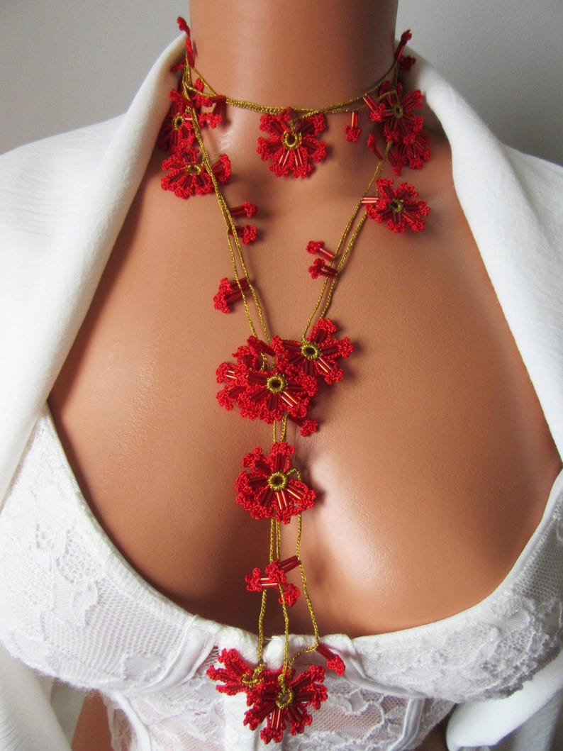 Rote Blume Häkelkette, Türkisch Oya Spitze Schmuck, Floral Lange Wrap Perlen Lariat