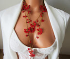 Rote Blume Häkelkette, Türkisch Oya Spitze Schmuck, Floral Lange Wrap Perlen Lariat