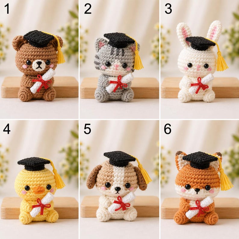 Gehäkelte Abschlusstiere Amigurumi Set Bär Katze Hase Hund Fuchs Küken Plüsch
