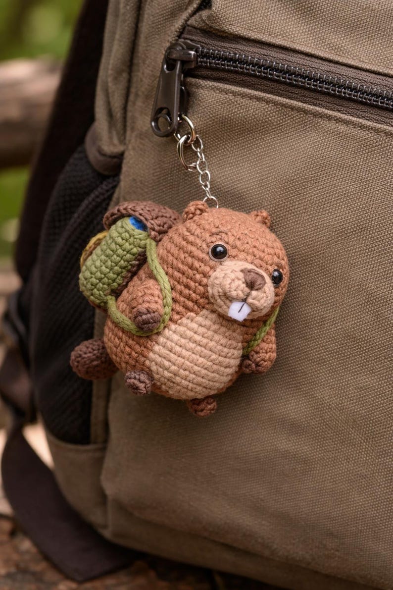 Gehäkelter Biber Schlüsselanhänger, Amigurumi Biber Anhänger, Handgemachter Tier Schlüsselanhänger, Kawaii Waldplüsch Anhänger