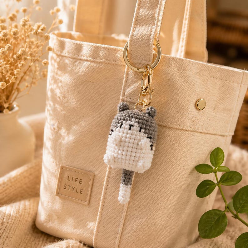 Gehäkelte Katze Schlüsselanhänger, Amigurumi Katze Taschenanhänger, Kawaii Plüsch Schlüsselanhänger, Mehrfarbig