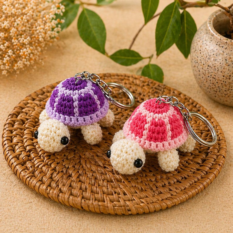Amigurumi Schildkröte Schlüsselanhänger, gehäkelter Mini Tieranhänger, kawaii Taschenanhänger, Garn und Metallspange