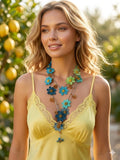 Blaue Gänseblümchen Lange Halskette, Türkis Häkelblume Lariat, Boho Wrap Sommer Statement Kette