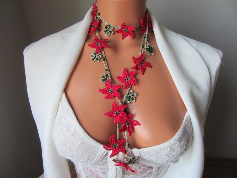 Fuchsia Stern Blume Häkelkette, Türkisch Oya Spitze Sommer Schmuck, Grüne Perlen Lange Lariat