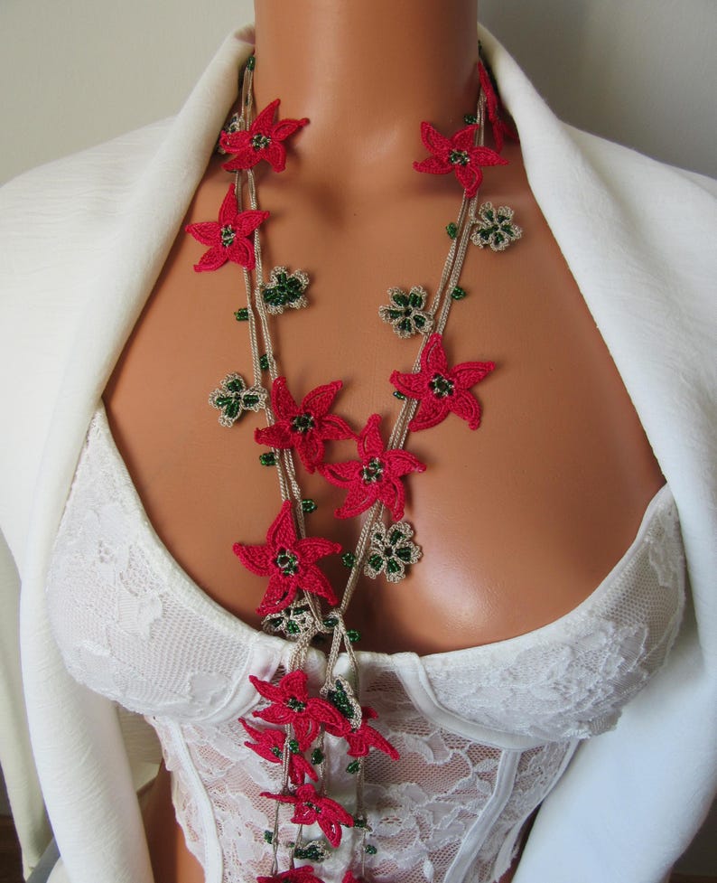 Fuchsia Stern Blume Häkelkette, Türkisch Oya Spitze Sommer Schmuck, Grüne Perlen Lange Lariat