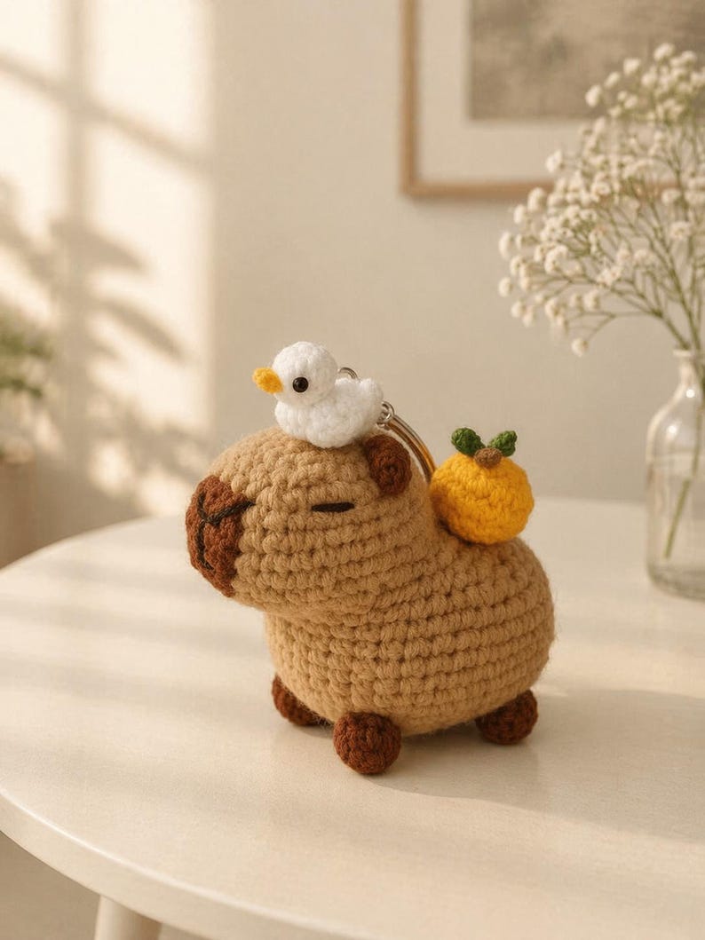 Gehäkelter Capybara Schlüsselanhänger – Amigurumi Tier Anhänger mit Schildkröte, Küken, Ananas Tasche