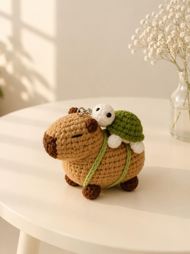 Gehäkelter Capybara Schlüsselanhänger – Amigurumi Tier Anhänger mit Schildkröte, Küken, Ananas Tasche